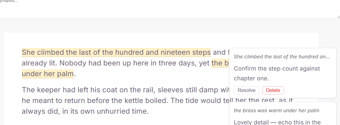 Annotated passages underlined in the editor with two note cards in the margin, each showing its note text and Resolve and Delete buttons.
