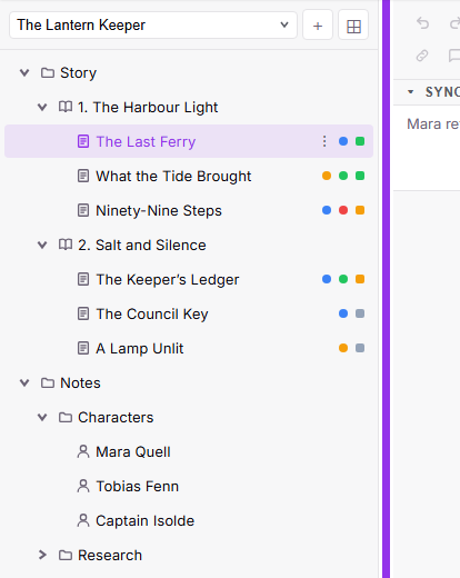 The binder widened by dragging its right-hand edge, so long chapter and scene titles show in full; the edge is highlighted under the pointer.