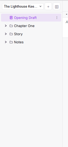 The binder sidebar showing a project with a chapter folder, scenes, and the project dropdown at the top.