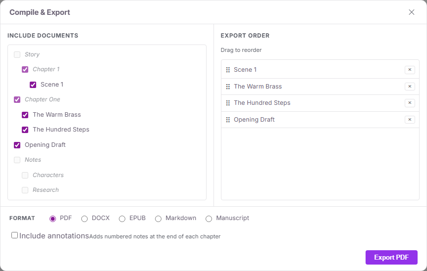 The Compile and Export dialog: the document checklist on the left, the ordered export list on the right, format options, and the Include annotations checkbox.