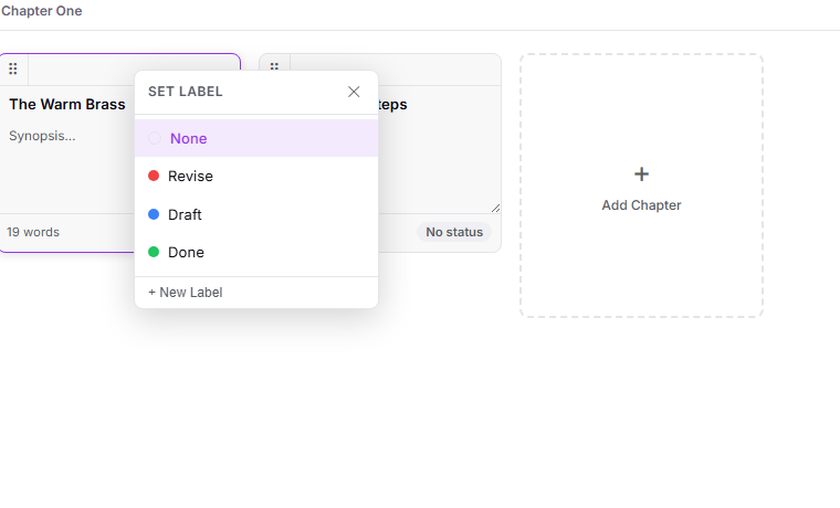 The Set Label picker opened beside a corkboard card's label stripe, listing None, Revise, Draft, and Done options and a New Label action.