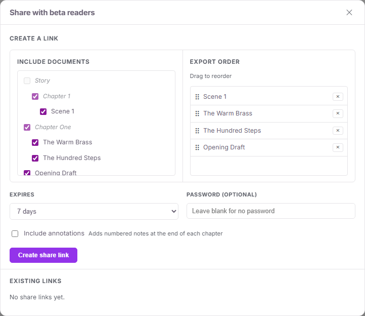 The Share with beta readers window: a document checklist, expiry dropdown, optional password field, Include annotations checkbox, and the Create share link button.