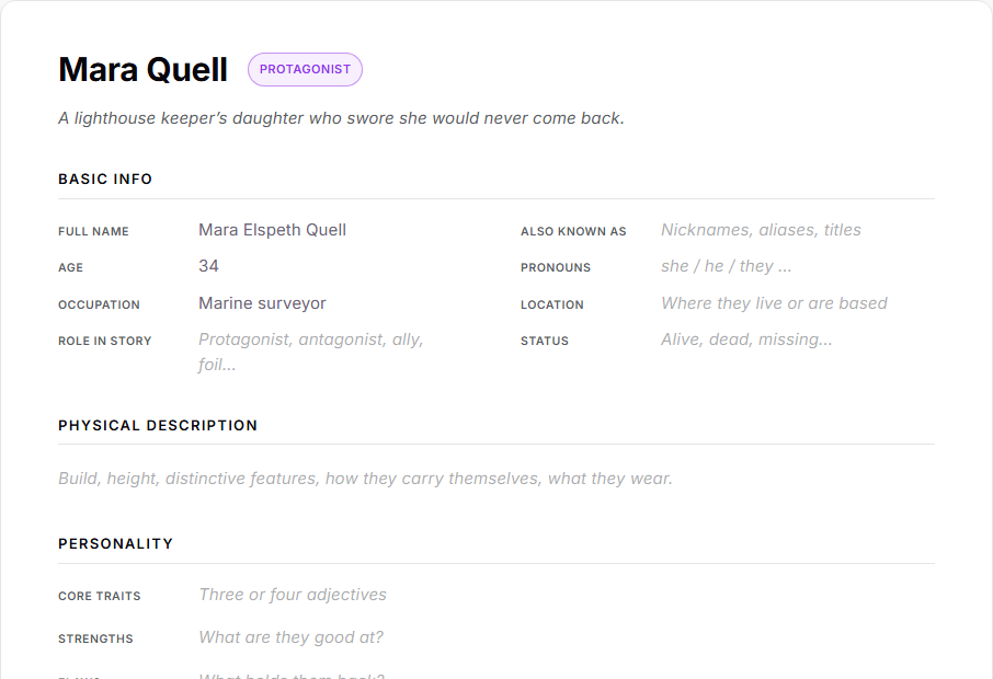 A character sheet: the name as the title, a Protagonist role pill, a one-line tagline, and the Basic Info section partly filled in, with hints in the empty fields.