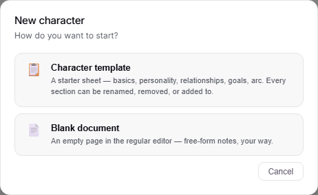 The New character window asking how you want to start, with a Character template button, a Blank document button, and Cancel.