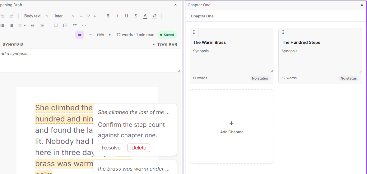 Split view: a scene with margin annotations in the left pane and a corkboard of index cards in the right pane, separated by the draggable divider.