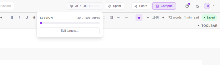The session pill's popover showing session progress toward the word goal with a progress bar and an Edit targets button.