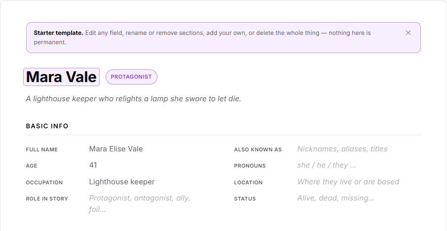 A filled character sheet showing the name Mara Vale, a Protagonist tag, a tagline, and a Basic Info section with Full name, Age and Occupation filled in.