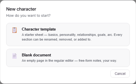 The "New character" prompt offering a Character template or a Blank document.