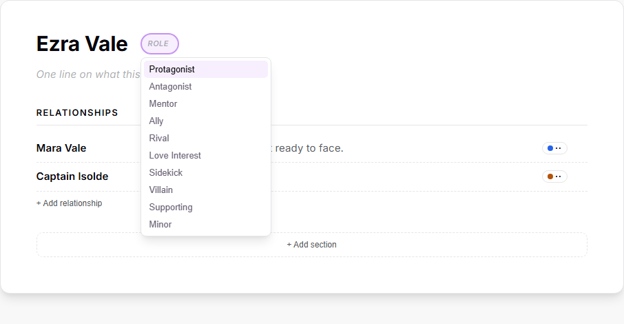 The Role pill on a character sheet opened to a dropdown of common roles, from Protagonist down to Minor.