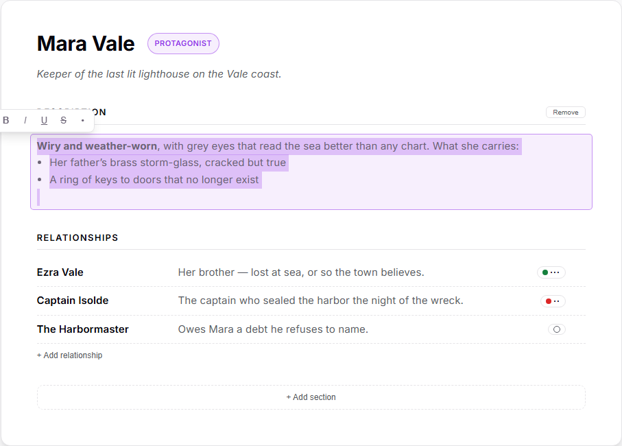 A character sheet with bold text and a bullet list selected, the floating formatting toolbar above, and Relationships rows ending in colored tag chips.