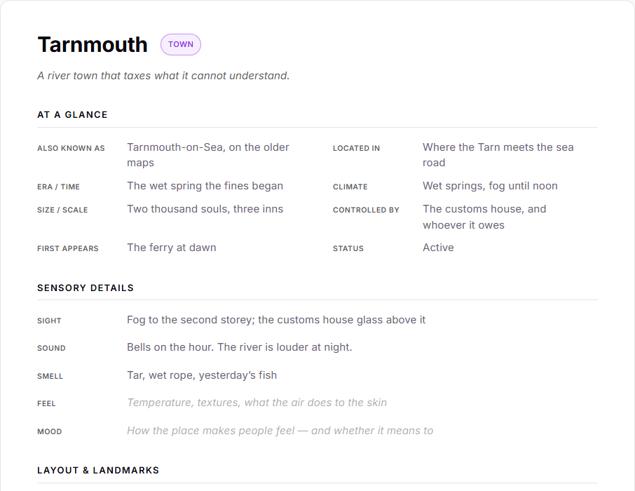 A setting sheet for a town: the Town pill, a tagline, the At a Glance fields in two columns and the Sensory Details section.