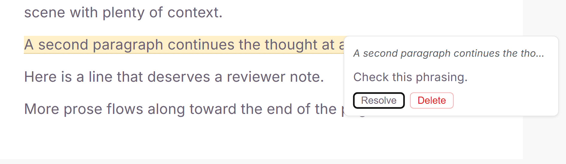 An underlined passage in the editor with a note card reading "Check this phrasing." sitting in the margin directly beside it.