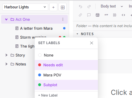The Set Labels panel open over the binder, with "Needs edit" and "Subplot" ticked; the rows behind show one coloured dot per label.