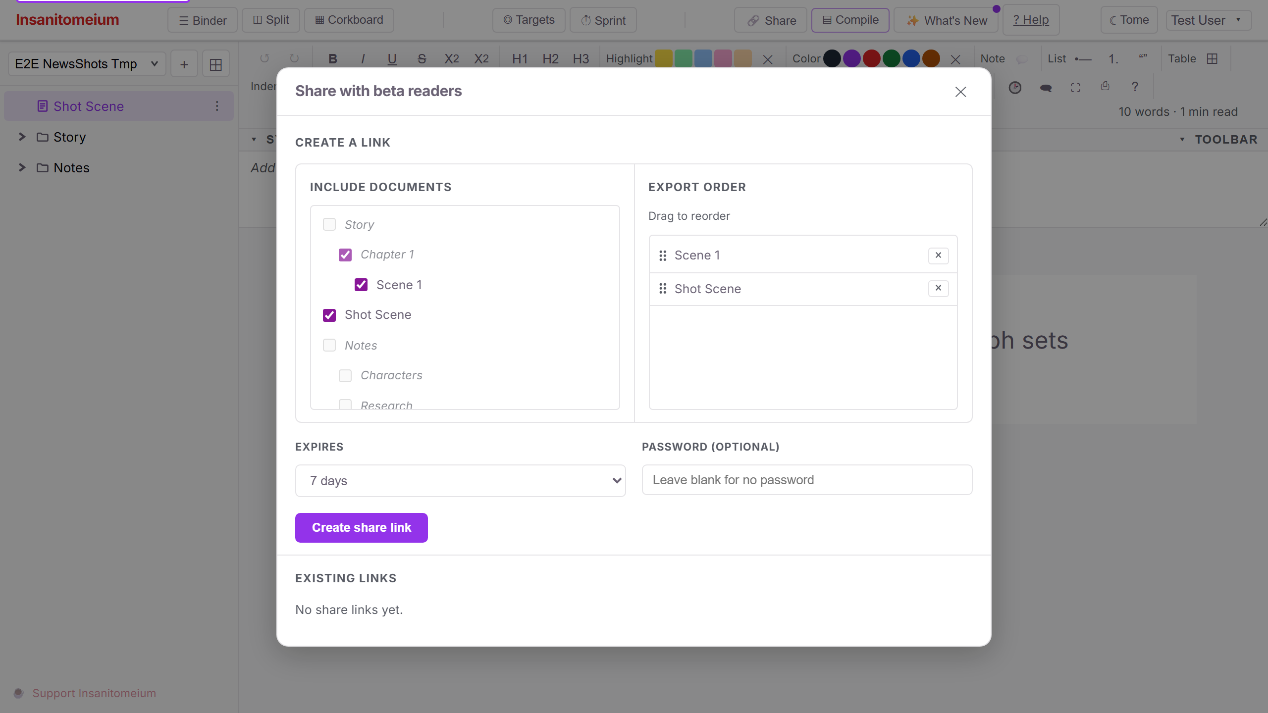The Share with beta readers window: a document checklist, an export order list, an expiry dropdown set to 7 days, an optional password field, and a Create share link button.