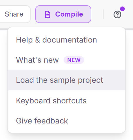 The help menu open with the entry "Load the sample project" highlighted.