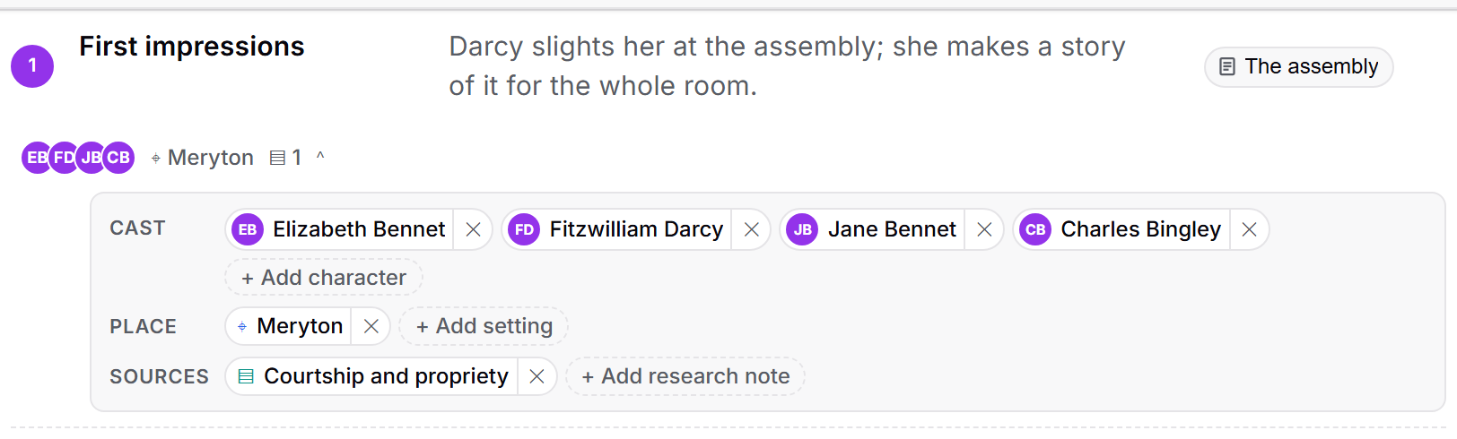 The Elizabeth and Darcy plot outline: numbered beats, each with a linked scene and chips for cast, place and sources.