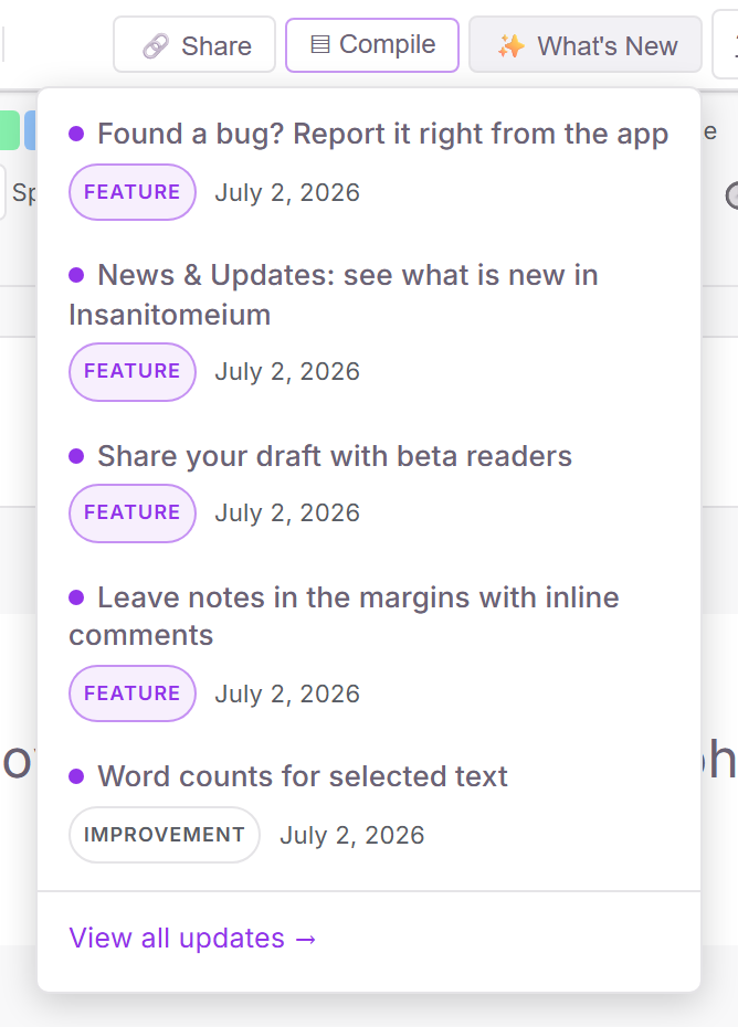 The What's New dropdown listing recent updates, each with a tag and date, and a View all updates link at the bottom.