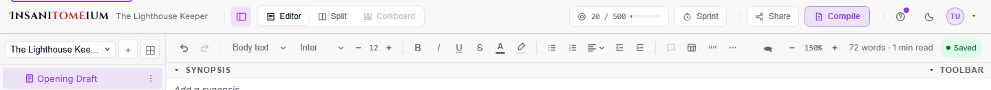 The redesigned top menu and editor toolbar: view switcher, session progress pill, Sprint button, and compact formatting controls.