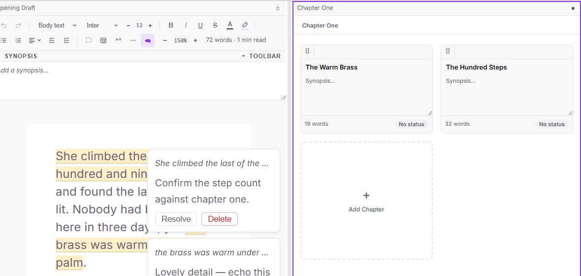 Split view with the editor and margin notes on the left and a corkboard of index cards on the right.