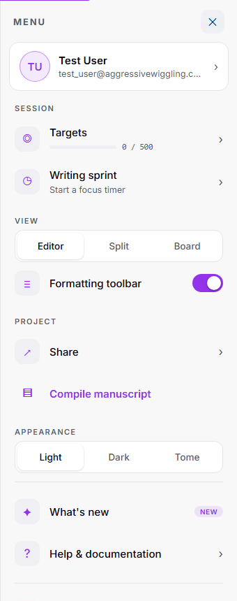 The mobile menu panel with an account card at the top and grouped Session, View, Project, Appearance and More sections.